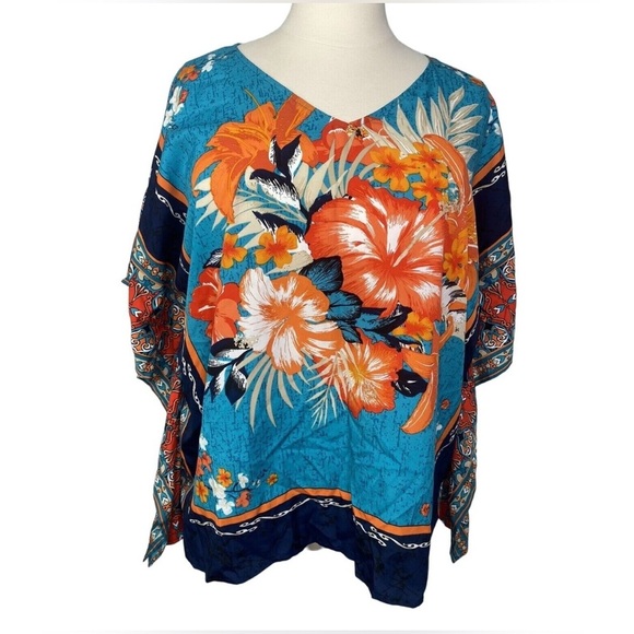 Db Established 1962 Tropical Floral V-Neck Blouse - Blue and Orange - Picture 1 of 10